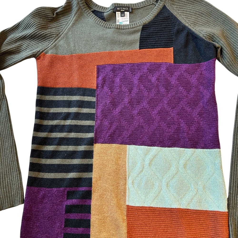 ETRO Milano Patchwork Wool Cashmere Angora Knit Sweater Italy Size‎ 42 - Picture 2 of 8